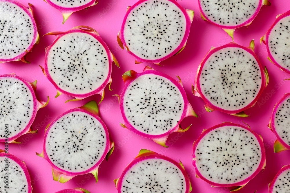 overhead view of exotic dragon fruit slices, vibrant pink and white, tropical vibe overhead view of exotic dragon fruit slices, vibrant pink and white, tropical vibe