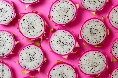 overhead view of exotic dragon fruit slices, vibrant pink and white, tropical vibe 