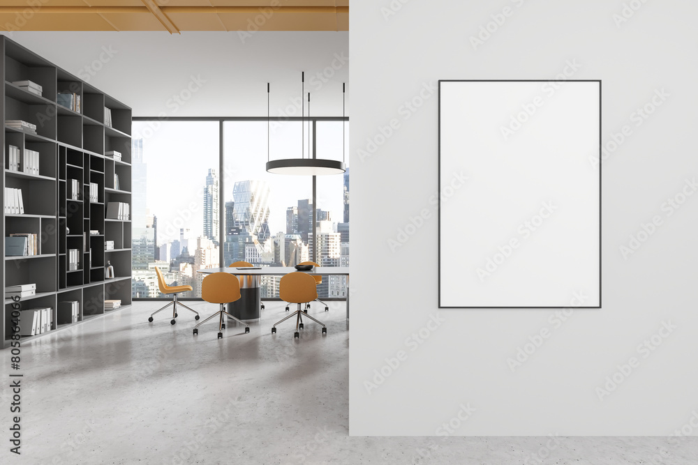 Stylish office meeting room interior with table and seats, window. Mock ...