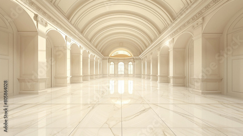 Elegant hall with a white marble floor and a subtly vaulted ceiling in soft ivory tones.