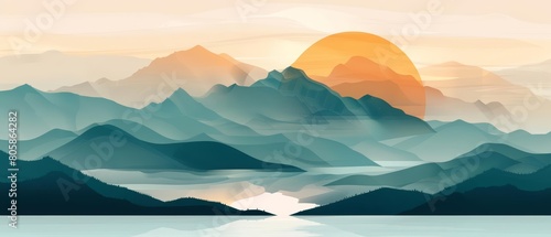 The background features an abstract art landscape, where minimalistic mountains meet a vibrant ocean sea, all unified under this clear and distinct illustration art template photo