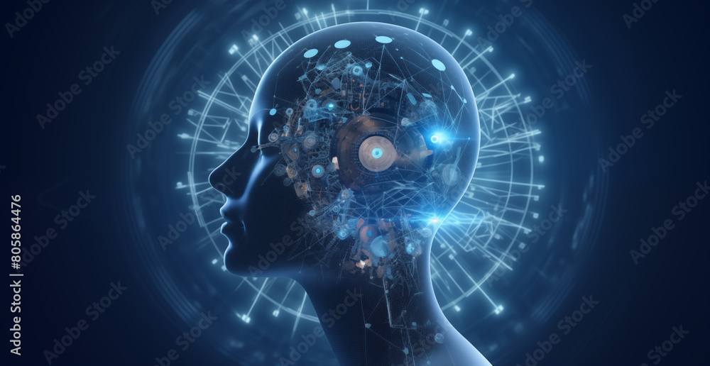 A woman head in 3d with digital icons in the background, in the style of light blue and indigo A woman head in 3d with digital icons in the background, in the style of light blue and indigo