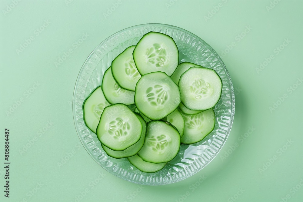 sliced cucumber on glass plate isolated on a light green gradient background sliced cucumber on glass plate isolated on a light green gradient background