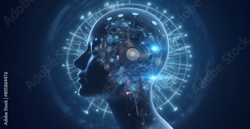 A woman head in 3d with digital icons in the background, in the style of light blue and indigo