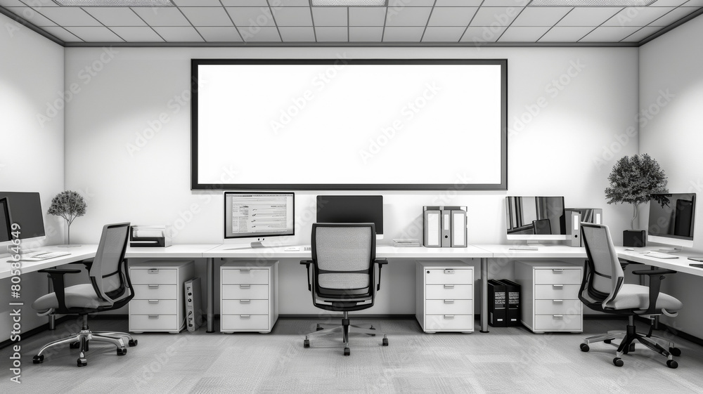 A white office with a large window and three rows of desks