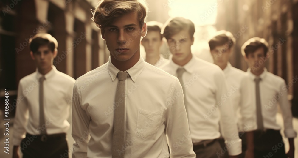 A group of young men in white shirts and ties. Generative AI. A group of young men in white shirts and ties. Generative AI.
