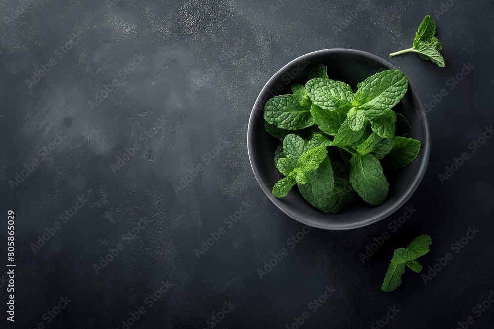 Fresh Mint Leaves in Dark Bowl on Slate Background Fresh Mint Leaves in Dark Bowl on Slate Background