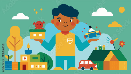 As an advocate for sustainable living the EcoToy Den offers workshops on making toys out of repurposed materials.. Vector illustration