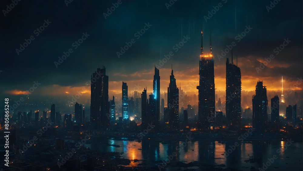 Dystopian Horizon, A Futuristic Cityscape Shrouded in Post-Apocalyptic Darkness.