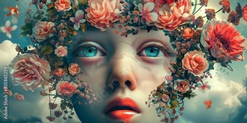 Womans Face Adorned With Flowers