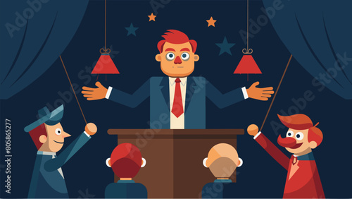 In a dark theater a public puppet show portrays a heated political debate between two puppets with the puppeteer using clever wordplay and gestures to.