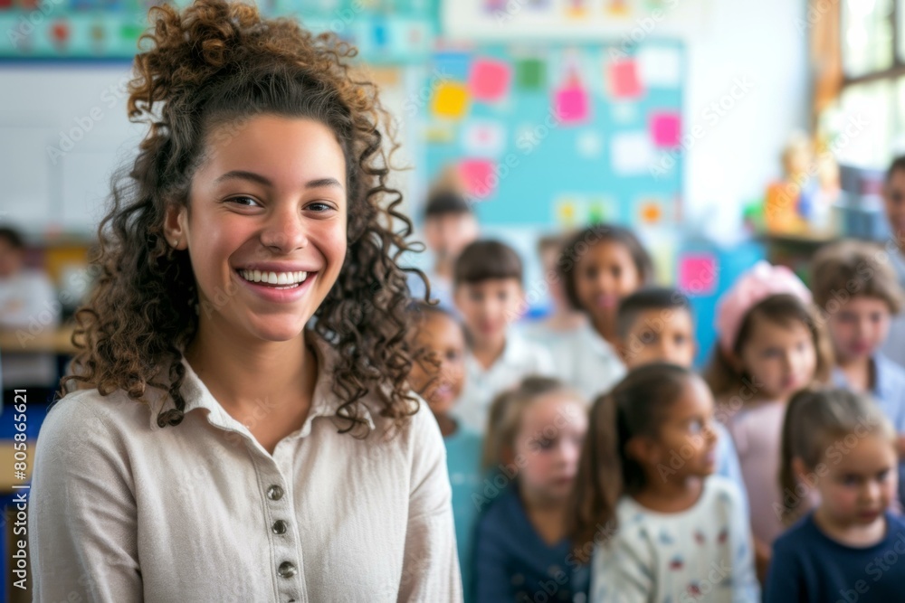 A smiling woman in front of a classroom of children. Generative AI. A smiling woman in front of a classroom of children. Generative AI.