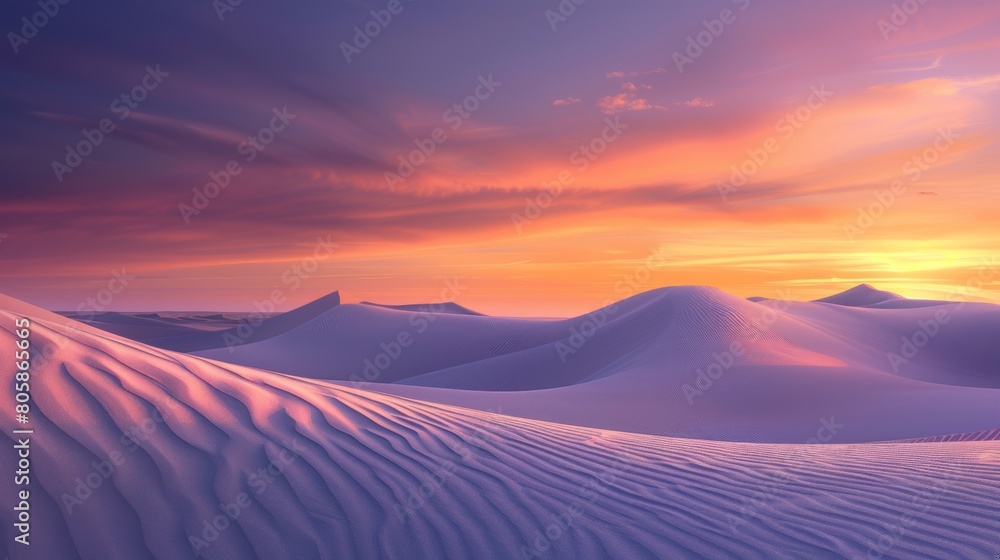 Sunrise paints unusual fractal patterns on undulating desert sand dunes with a vibrant orange and purple gradient sky as backdrop 