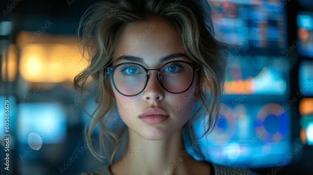 A woman with glasses and a blue eye. Generative AI. A woman with glasses and a blue eye. Generative AI.