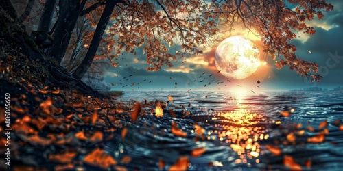 Majestic Full Moon Rising Over A Serene Autumn Lakeshore at Twilight