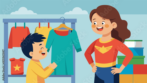 A mother smiles as she watches her son excitedly try on a new superhero costume at a childrens consignment sale grateful for the affordable prices.. Vector illustration