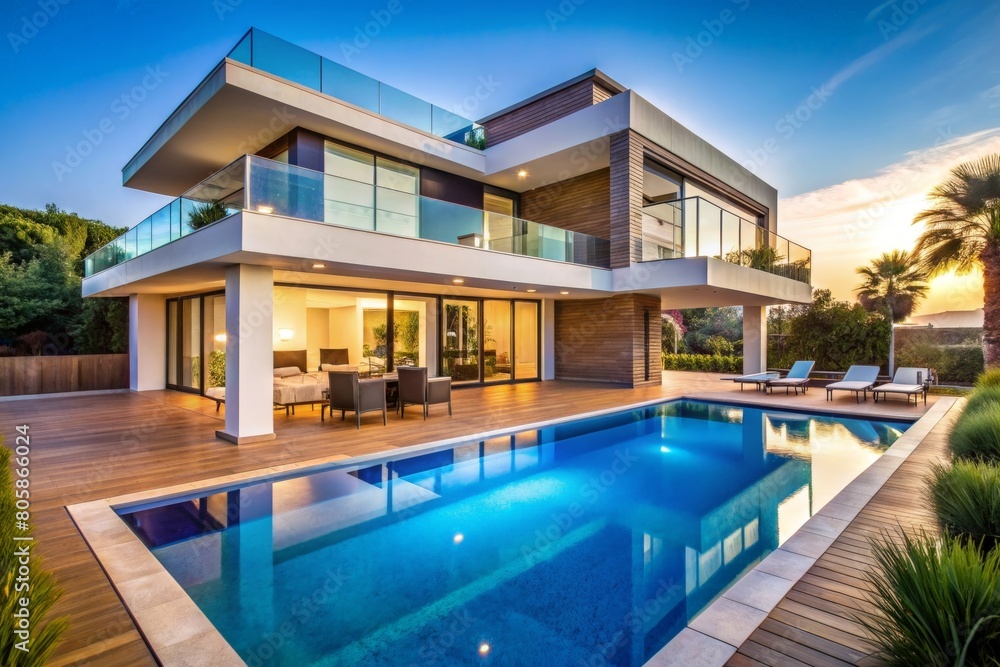 Modern house with swimming pool at dusk. Luxury villa with pool and outdoor deck AI generated
