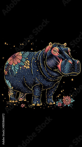 A colorful hippo with flowers on its body
