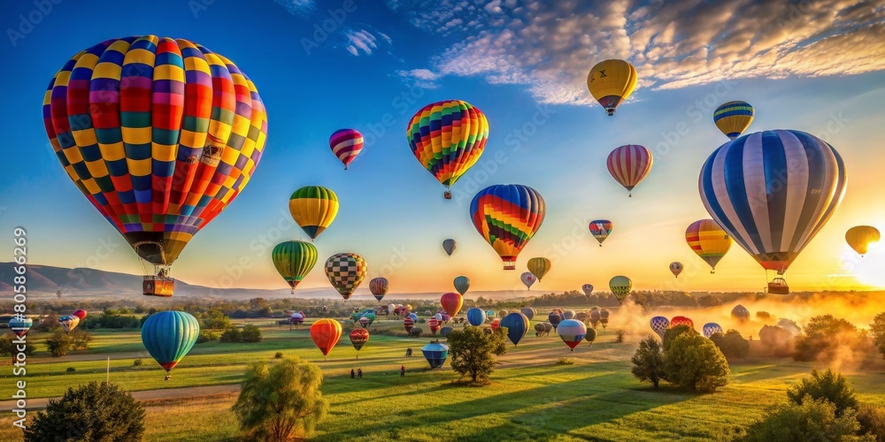 Fototapeta premium Colorful hot air balloons flying in the sky at sunrise, AI generated