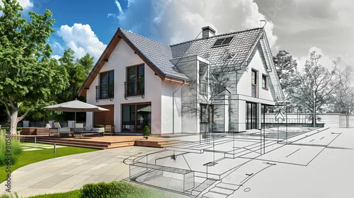 Fototapeta na wymiar Modern house transformation from sketch to reality