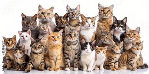 Group of cats in a row isolated on white background. Studio shot. AI generated