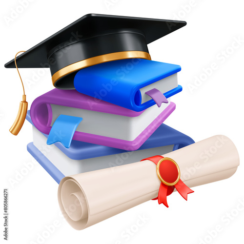Square academic cap, black graduation hat or mortarboard with golden tassel, on the multicolored book stack, and rolled diploma with red ribbon. 3d realistic isolated vector illustration