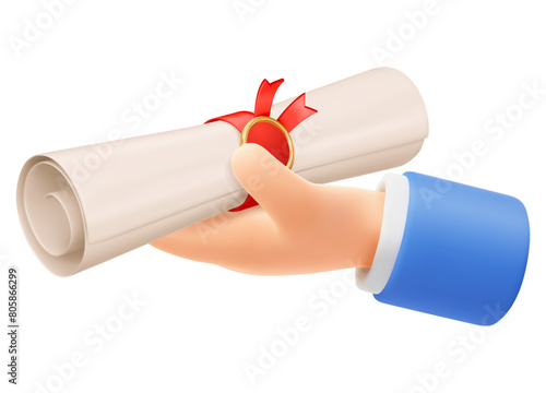 Hand holding paper scroll, tied with red ribbon, diploma graduation, certificate or license. Receiving college or university diploma, graduation ceremony. 3d realistic isolated vector illustration