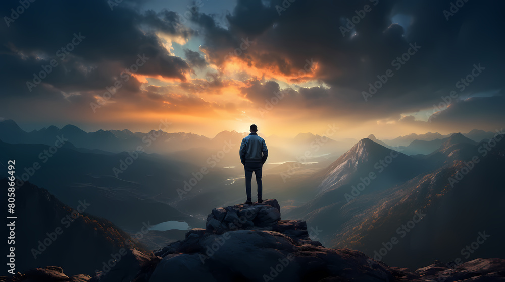 A man stands on the top of the mountain and looks at the mountains in the distance