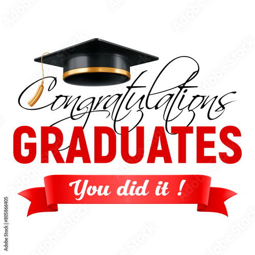 Template of congratulations graduates class of 2024, with 3d realistic graduation cap, volumetric red ribbon and congrats text for high school, university or college graduation. Vector illustration