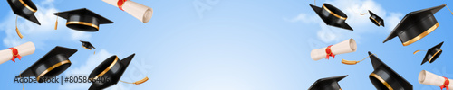 Congratulations Graduates. Horizontal long banner template with graduation caps and rolled diplomas thrown up on the blue sky background with clouds and copy space. Vector illustration
