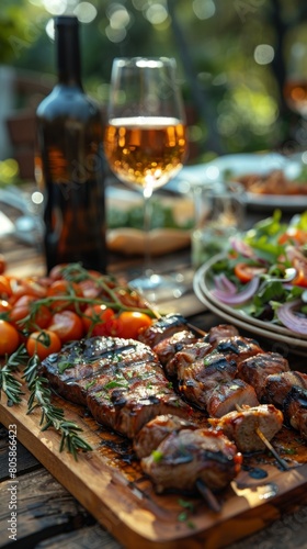 Joyful People Enjoying Outdoor Picnic with Delicious Barbecue  Salad  and Wine - Summer Vacation Concept   Backyard dinner table have a tasty grilled BBQ meat  Salads and wine with happy joyful people 