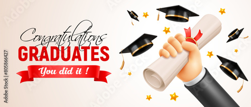 Congratulations Graduates. Celebration banner with a hand holding a diploma and raised up, square academic graduation caps thrown up on the beige background with place for text. Vector illustration
