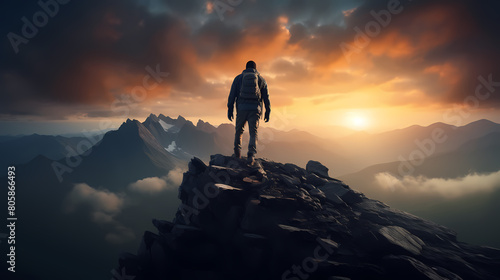 A man stands on the top of the mountain and looks at the mountains in the distance