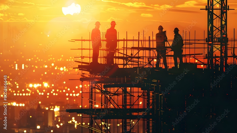 Urban Development: Construction Worker Silhouettes with Cityscape at Dusk
