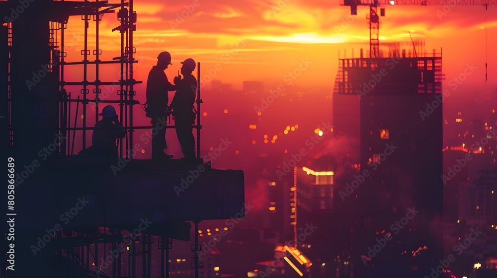 Skyscraper Construction Crew Silhouetted Against Vibrant Sunset