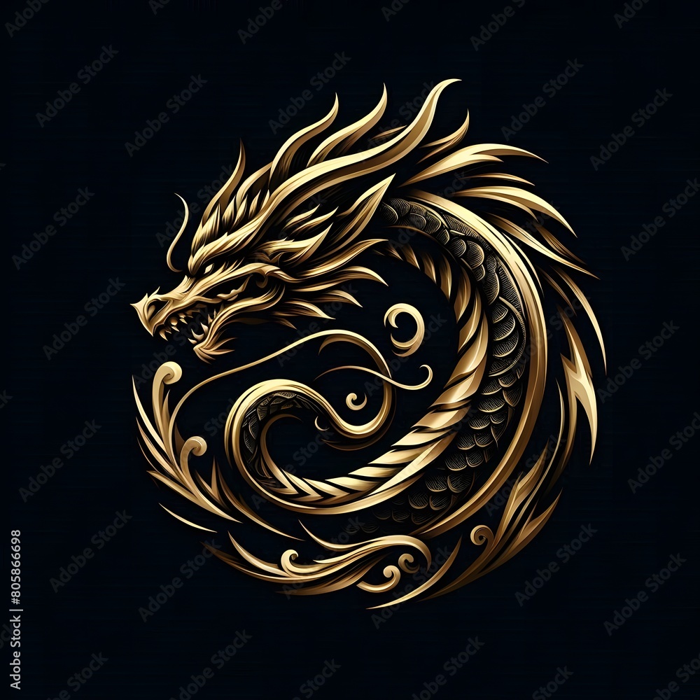 AI Generate of Luxury Dragon Logo Concept Stock Vector with Dark Black Background