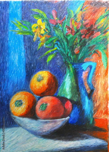 still life with apples and oranges