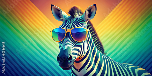 The zebra  wearing orange sunglasses  stands against a vibrant background with a spectrum of radiant colours radiating from its centre. The image shows a playful and surreal turn of wildlife.AI genera