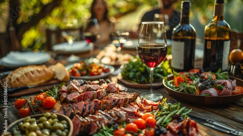 Joyful People Enjoying Outdoor Picnic with Delicious Barbecue  Salad  and Wine - Summer Vacation Concept   Backyard dinner table have a tasty grilled BBQ meat  Salads and wine with happy joyful people 