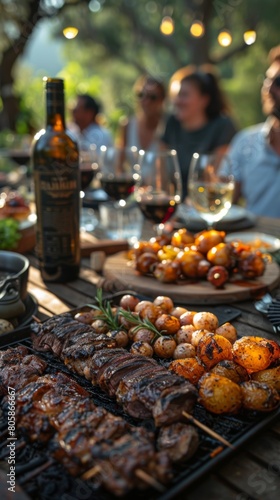 Joyful People Enjoying Outdoor Picnic with Delicious Barbecue, Salad, and Wine - Summer Vacation Concept，Backyard dinner table have a tasty grilled BBQ meat, Salads and wine with happy joyful people 