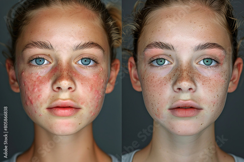 Skincare, progress and portrait of woman for makeup, acne problem or close-up spots.
