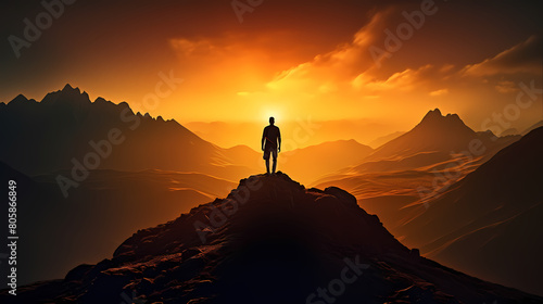 A man stands on the top of the mountain and looks at the mountains in the distance