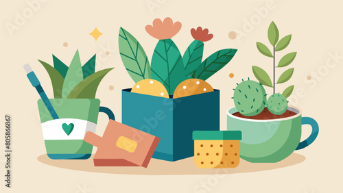 A selfcare package for your friend who adores plants including a new succulent a e plantrelated mug and some plantthemed snacks to enjoy while tending. photo