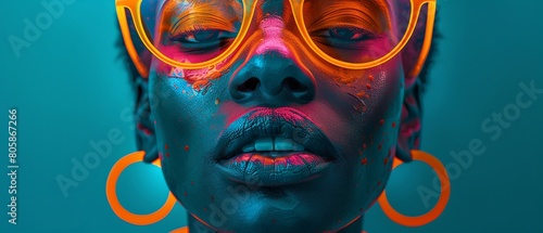 female neon face, hot pink eyes, orange neck rings, in the style of afrofuturism, poster art, depictions of urban life, dark cyan and orange, 32K photo