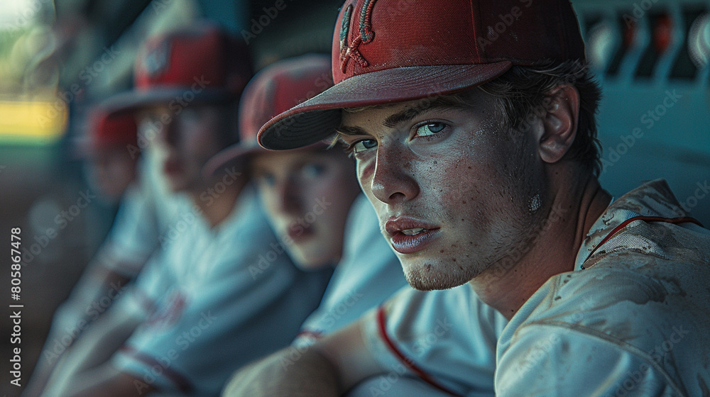 A baseball dugout, players sitting on the bench, intense expressions