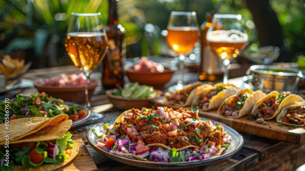 Delicious tacos, beer, mexican food, salad and wine on backyard table with happy people in background，Joyful People Enjoying Mexican Cuisine and Picnic Feast in the Backyard

