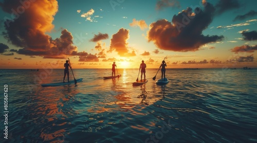 Silhouette of a family standup paddleboarding on the ocean at sunset