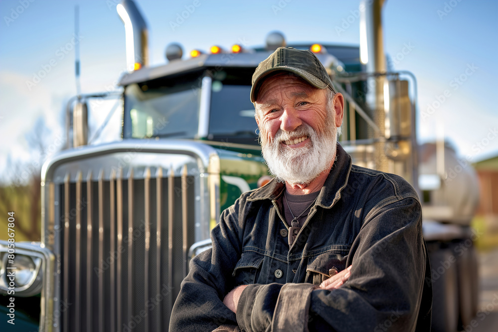 Happy cargo truck driver standing proudly in front of his truck. Happy cargo truck driver standing proudly in front of his truck.