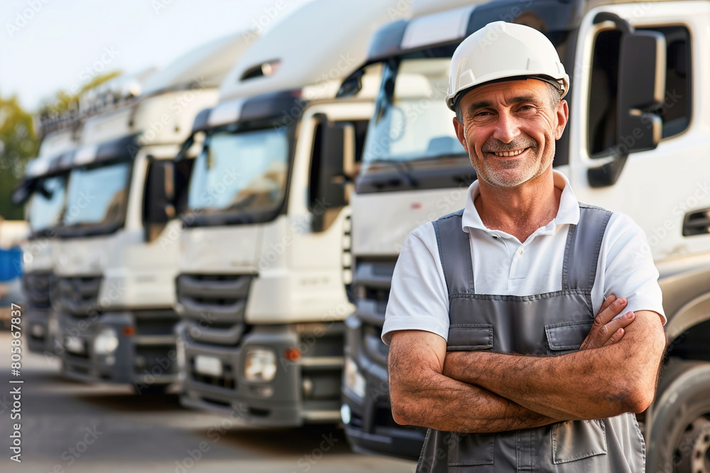 Happy cargo truck driver standing proudly in front of his truck. Happy cargo truck driver standing proudly in front of his truck.