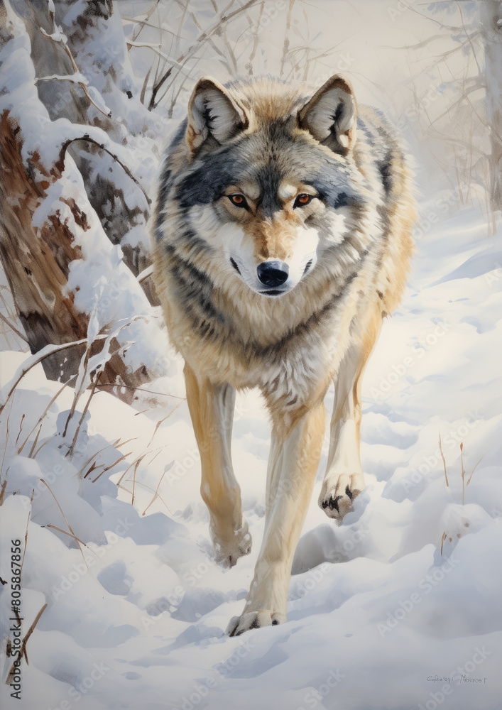 Wild wolf in a mystical winter forest
